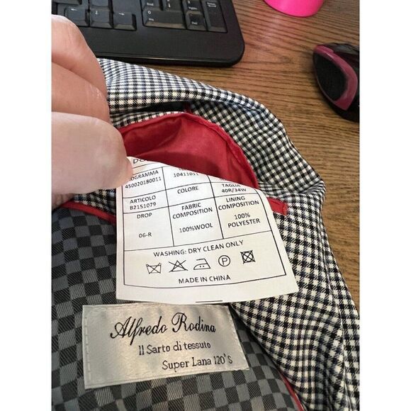 Alfredo Rodina Mens Suit Jacket Blazer Sport Coat Sz 40 Black White Checked Wool - Picture 7 of 7